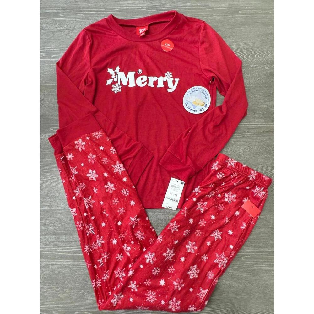 Macy's Red Merry Snowflake 2pc Pajamas Set Unisex Kid Size XL 14/16